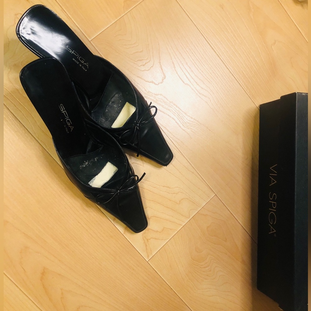 Via Spiga Elegant Black Women's Mules with Kitten Heels and Bow - Picture 12 of 14